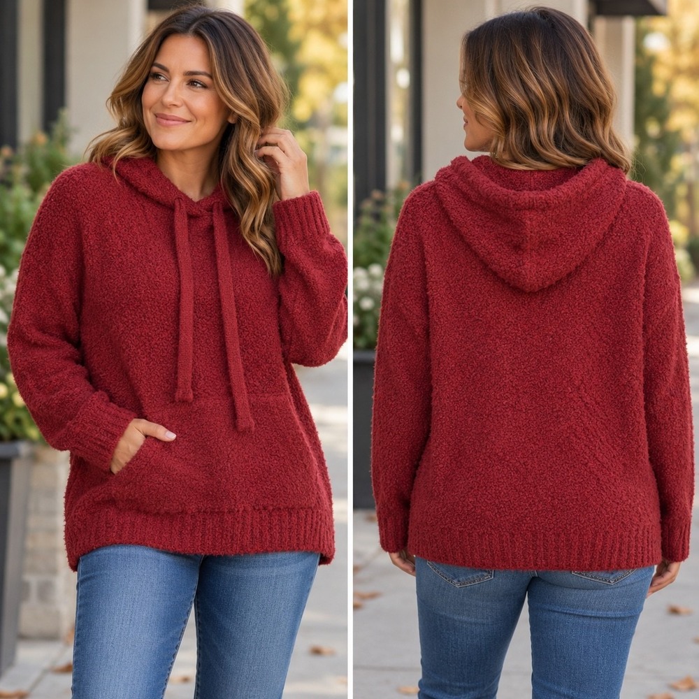 White Birch Popcorn Knit Hooded Sweater XL Dark Red Oversized Pocket Thick Soft